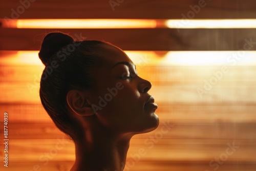 person enjoying the warmth of infrared sauna session, with eyes closed and serene expression, minimalist spa and natural wood textures, evoking feelings of rejuvenation and revitalization photo