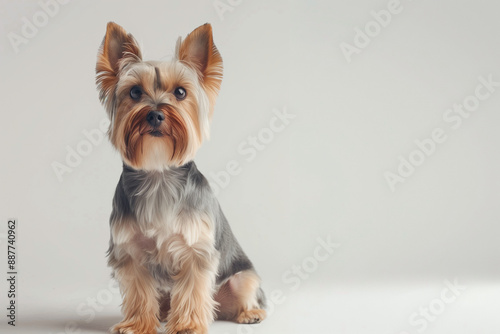 A cute Yorkshire Terrier dog sitting on a plain white background