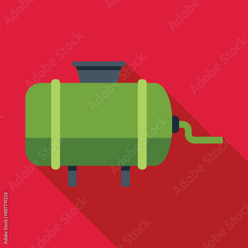 Green horizontal tank with a pipe on a red background, industrial equipment for liquids or gases