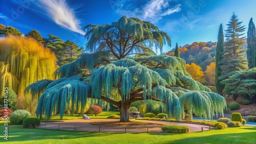 Landscape with majestic Weeping Blue Atlas cedar (Cedrus atlantica Glauca Pendula) in  Massandra park, Crimea. Sunny autumn day. photo