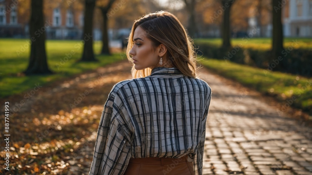 A woman in a striped shirt walks through a sunlit autumn park, with fallen leaves covering the path and trees around.
A woman in a striped shirt walks through a sunlit autumn park, with fallen leaves covering the path and trees around.