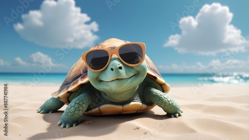 A stylish turtle in sunglasses enjoying the beach vibes.