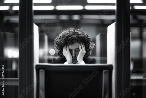 A person sitting in a cubicle, looking utterly exhausted, head in hands