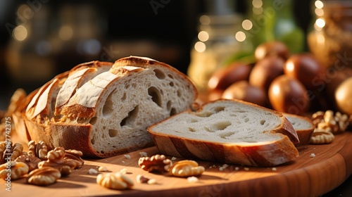 Handcrafted gluten free sourdough bread with buckwheat and walnuts on a wooden cutting board placed on white marble countertop  