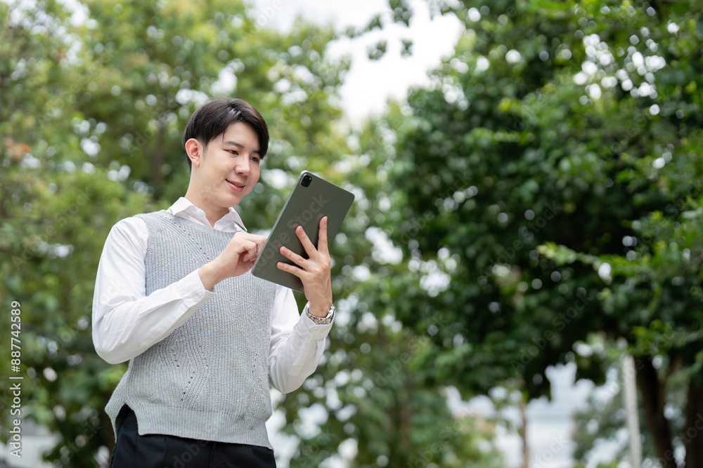 Young Professional Using Tablet Outdoors in Modern Business Environment Young Professional Using Tablet Outdoors in Modern Business Environment