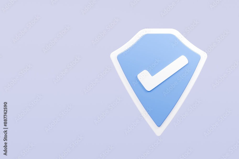 3d Realistic shield security with checkmark icon. Protection, approved, security, guaranteed concept. Minimal blue and white shield verified badge icon isolated on purple background. 3d rendering. 3d Realistic shield security with checkmark icon. Protection, approved, security, guaranteed concept. Minimal blue and white shield verified badge icon isolated on purple background. 3d rendering.