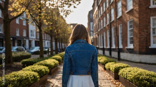 A woman in a denim jacket strolls through a sunlit residential city street, lined with trees and brick buildings.
