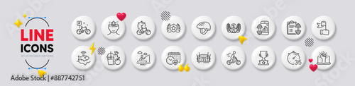Bicycle helmet, Yoga mind and Laureate award line icons. White buttons 3d icons. Pack of Fishfinder, Bike, Winner cup icon. Fitness app, Cardio calendar, Juice pictogram. Vector