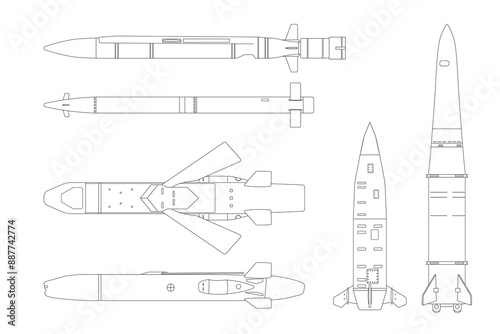 Isolated outline missile drawing. Industrial set of ballistic and cruise missile. Contour strategic weapon blueprint. War technology. Aircraft military bomb