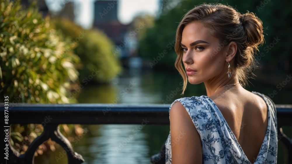 A beautiful woman in a floral dress poses elegantly by a riverside bridge, with lush greenery and water in the background.
A beautiful woman in a floral dress poses elegantly by a riverside bridge, with lush greenery and water in the background.