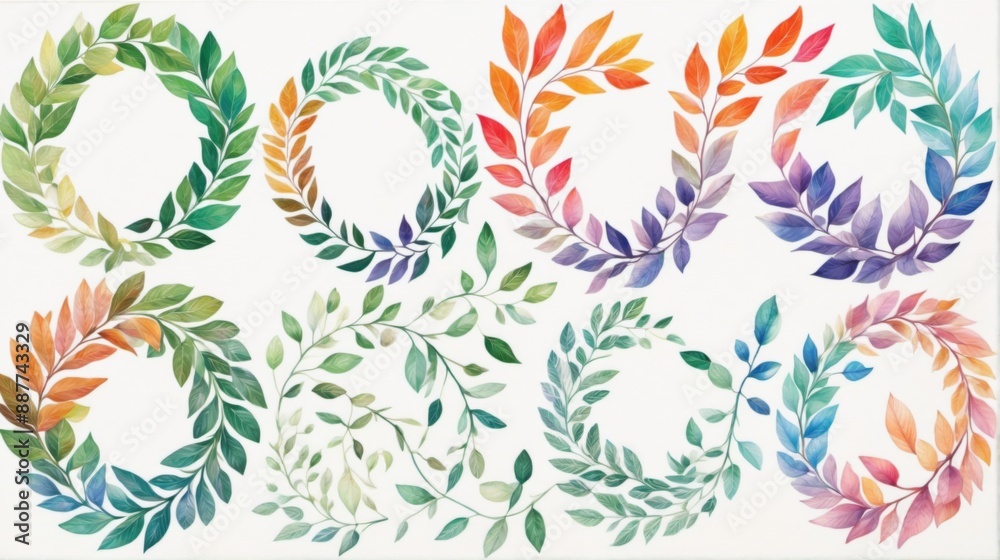 Fototapeta premium Colorful watercolor laurel collection nine circular wreaths made