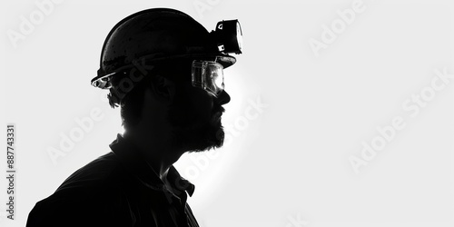 dark silhouette of unrecognizable miner on a white background