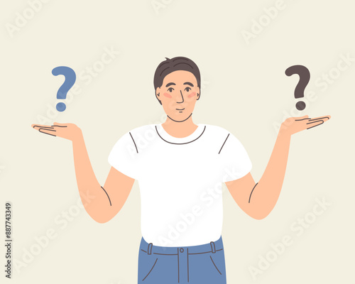 Make choice, decision concept. Puzzled business man doubting, deciding, setting priorities. Questioned employee thinking, analyzing two options