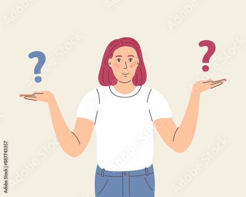Make choice, decision concept. Puzzled business woman doubting, deciding, setting priorities. Questioned employee thinking, analyzing two options