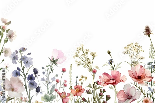 Fototapeta Naklejka Na Ścianę i Meble -  A blush watercolor painting of assorted flowers arranged in a border design on a white background.