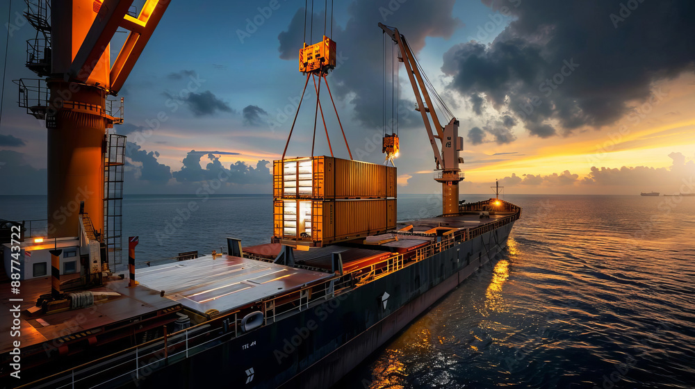 Fototapeta premium A refrigerated container being loaded onto a cargo ship