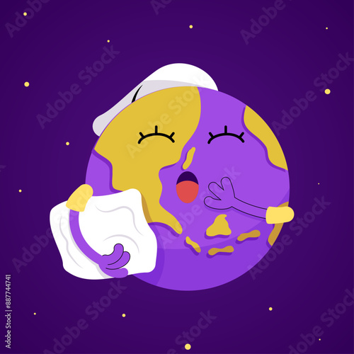 Sleepy Purple Earth Holding a Pillow