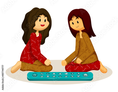 Two Girls Playing Congklak, Indonesian Traditional Game