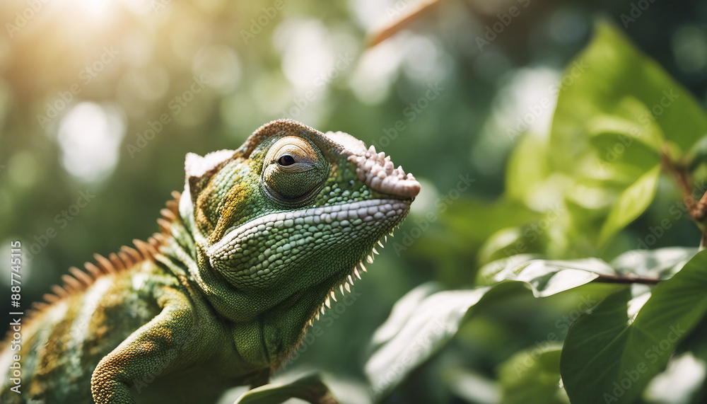 Fototapeta premium A chameleon blending into the foliage, midday sun 
