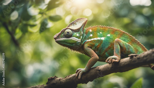 A chameleon blending into the foliage, midday sun 