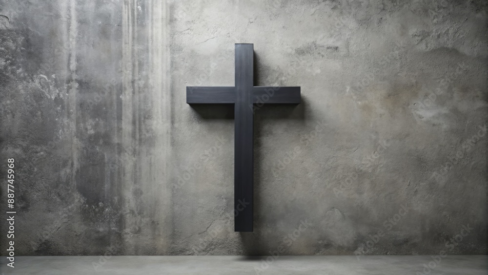 A solitary black cross stands out against a dull grey wall, symbolizing simplicity, faith, and spirituality in a modern setting. A solitary black cross stands out against a dull grey wall, symbolizing simplicity, faith, and spirituality in a modern setting.