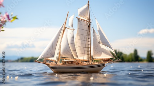 Handcrafted model sailboat with palm decoration on a white background  photo