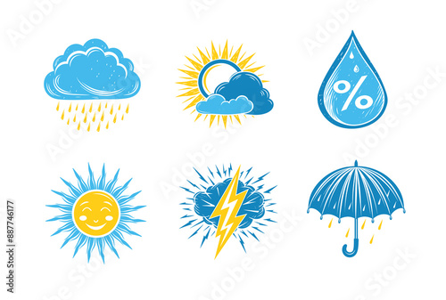 Set weather-related elements including cloud sun raindrops lightning umbrella, natural cycle phenomenon evaporation water atmosphere