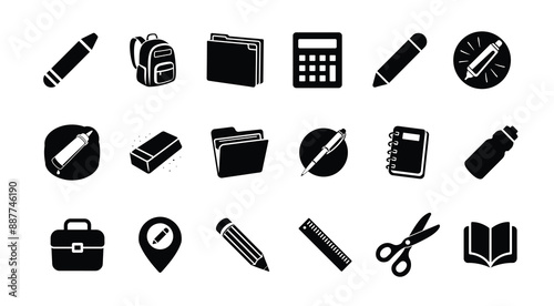 Back to school accessories design elements set, Thumbtack Compas Highlighter Glue