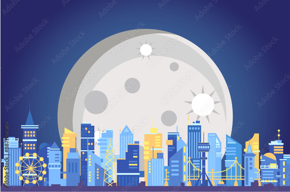 Fototapeta premium night silhouette of a modern city with skyscrapers, bridge, ferris wheel and clouds and moon