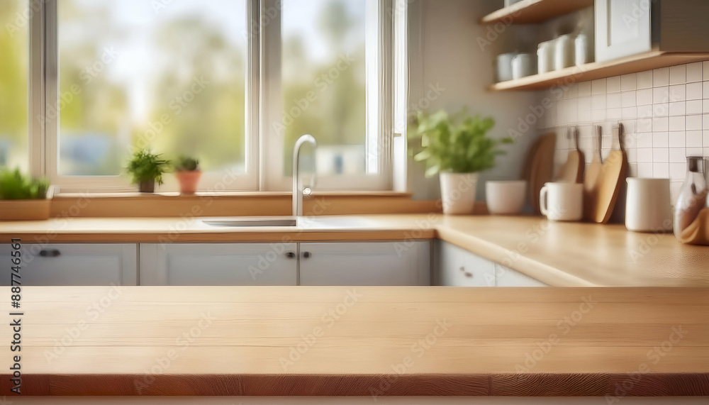 Kitchen wood table top for product display with blurred modern interior. Kitchen wood table top for product display with blurred modern interior.