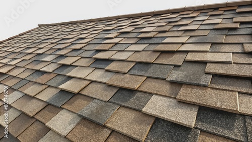 High-quality close-up image of durable brown asphalt shingles isolated on a pure white background with subtle shadows and texture details.