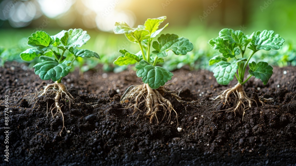Three young plants with visible roots thriving in dark soil against a ...