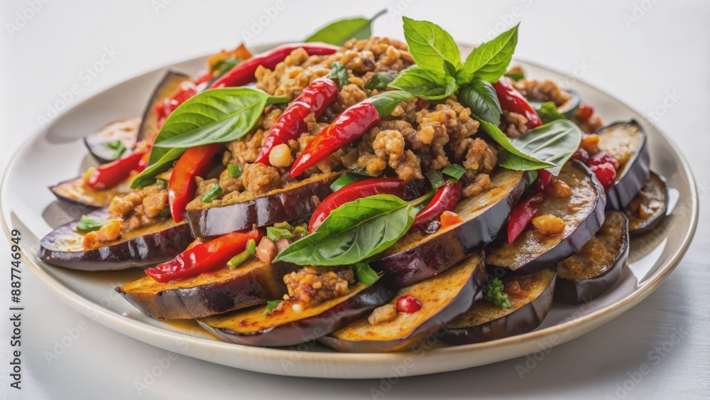 Savory stir-fried long eggplant with minced pork and chili basil, garnished with fresh herbs, served on a clean white plate. Savory stir-fried long eggplant with minced pork and chili basil, garnished with fresh herbs, served on a clean white plate.