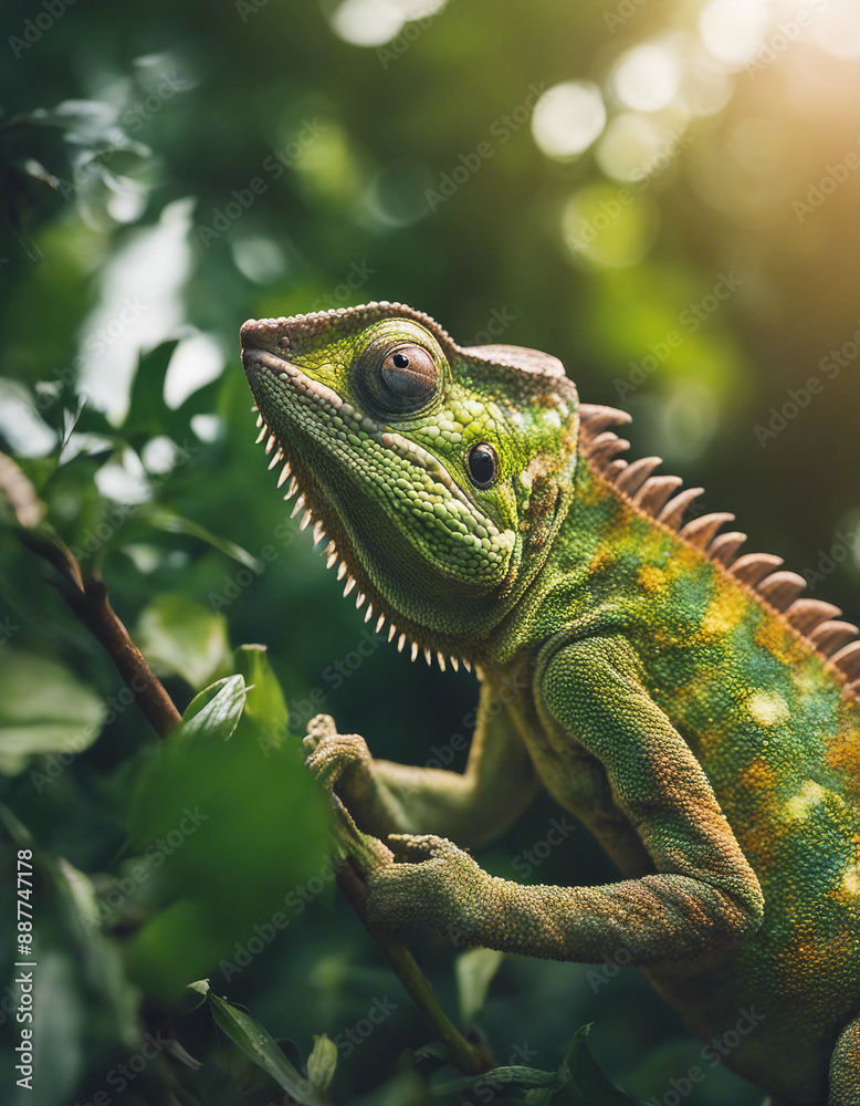 Fototapeta premium A chameleon blending into the foliage, midday sun 