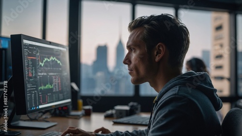 A man in a casual hoodie focuses on analyzing stock market data on a computer in an office with a city skyline view. 