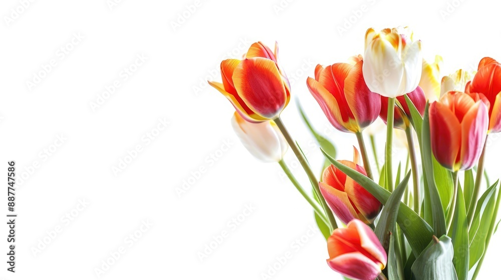 Beautiful bicolor tulips in vase isolated on white background with empty space Beautiful bicolor tulips in vase isolated on white background with empty space