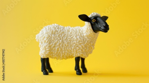Fototapeta Naklejka Na Ścianę i Meble -  Toy sheep in black and white with a yellow background for preschoolers promoting play and skill development with farm themed plastic animals