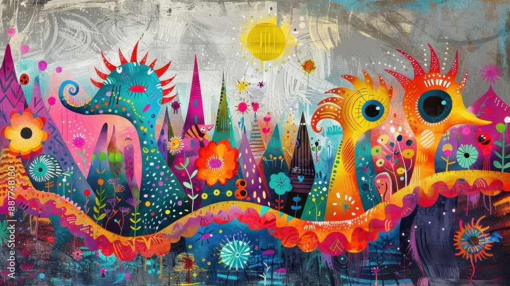 Vibrant Abstract Fantasy Landscape with Colorful Creatures and Flowers Under a Bright Sun Vibrant Abstract Fantasy Landscape with Colorful Creatures and Flowers Under a Bright Sun