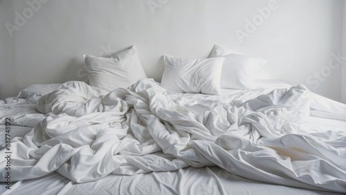 Crumpled and tangled white bedding sheets and pillows scattered chaotically across an unmade bed against a clean white background. photo