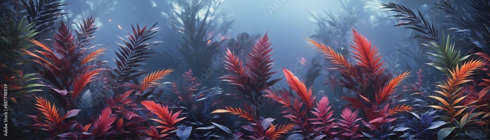 Neon Lit Botanical digital illustration tropical forest scene ba