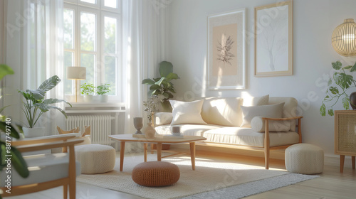 modern living room, Room A bright, airy living room with minimalist Scandinavian decor, featuring light wood furniture, white walls