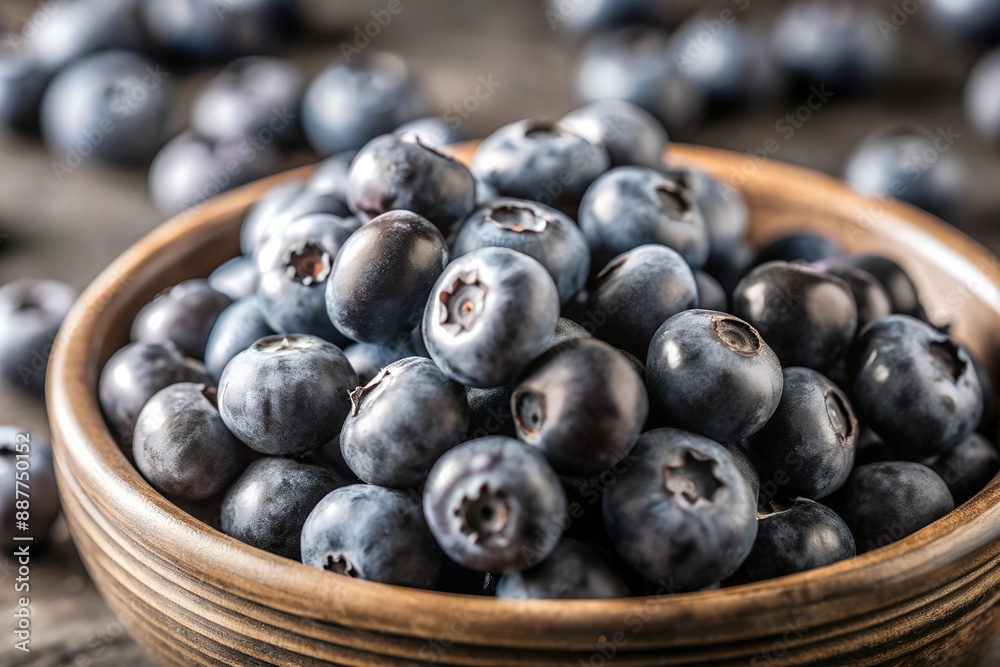 Blueberries in a wooden plate, blurred background close-up, collected early in the morning in the garden, background Blueberries in a wooden plate, blurred background close-up, collected early in the morning in the garden, background