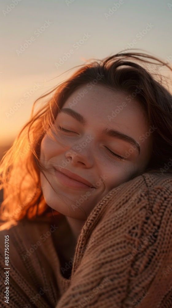 A woman is smiling and resting her head on a sweater A woman is smiling and resting her head on a sweater