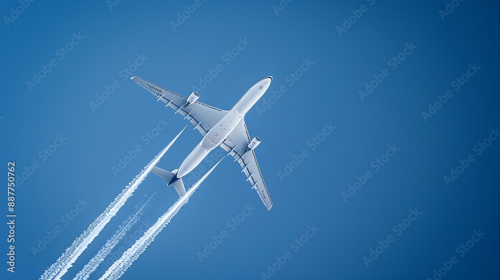 A white airplane flies through a clear blue sky, leaving a contrail behind it. A white airplane flies through a clear blue sky, leaving a contrail behind it.