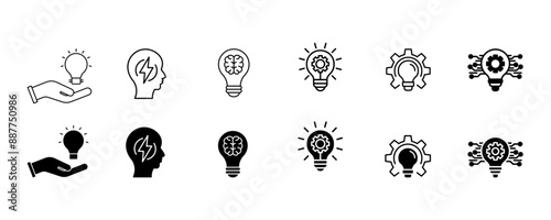 Business solution icon set vector illustration. Innovation, Inspiration, and creative idea icon symbol. Lightbulb, puzzle, handshake, and gear with check mark.