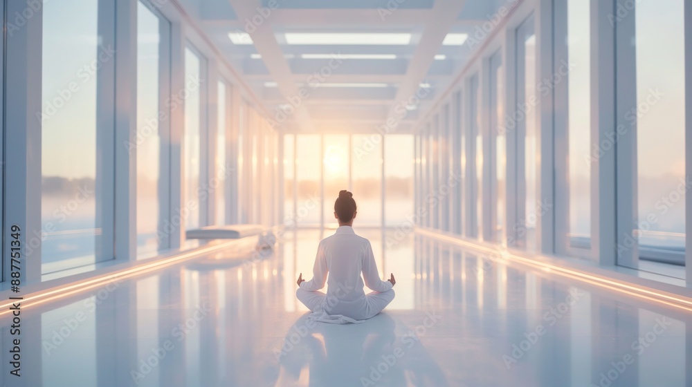 Woman meditating in a tranquil, modern space with sunrise view. Woman meditating in a tranquil, modern space with sunrise view.