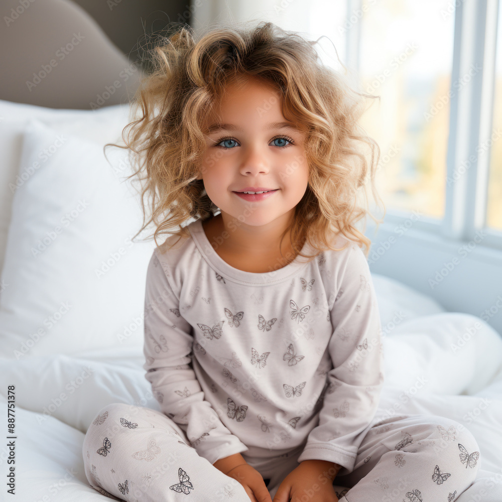 Happy cute adorable toddler girl, sweet 3 year old kid in pajamas sitting on bed after nap sleep Happy cute adorable toddler girl, sweet 3 year old kid in pajamas sitting on bed after nap sleep