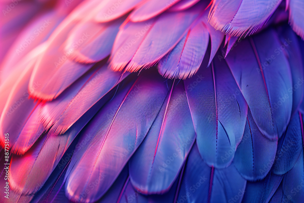 Fototapeta premium Close up of beautiful purple and blue feather texture background, macro photography, copy space concept. Abstract wallpaper design for fashion print on demand products