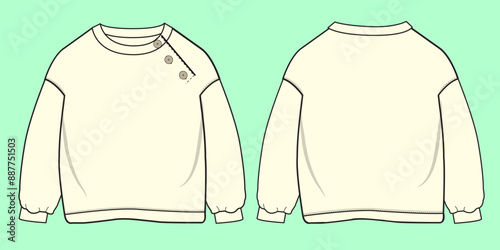 baby unisex terry fleece crew neck drop shoulder button opening sweatshirt fashion illustration flat sketch vector