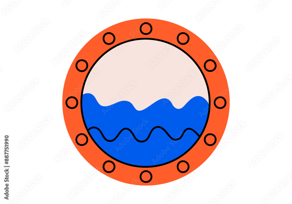 Obraz premium Hand drawn cute cartoon illustration of porthole. Flat vector circle window with ocean or sea in doodle style. View from the ship or boat icon or print. Vacation or holiday summer trip. Isolated.